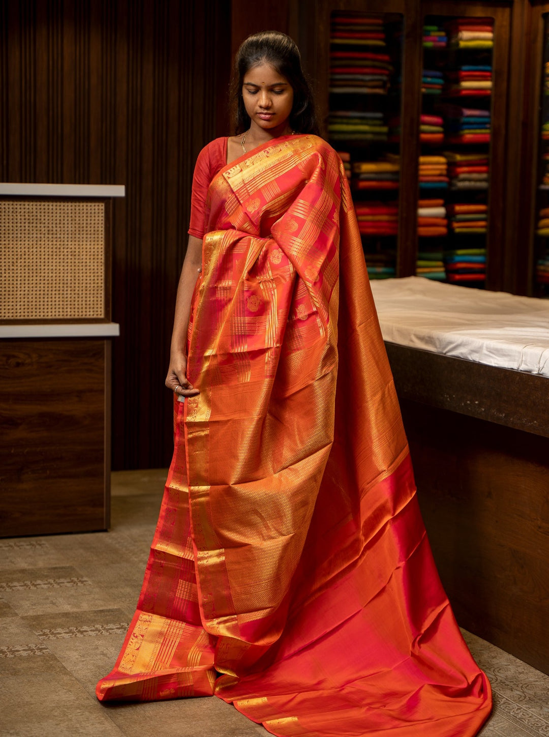 Peach Orange Zari Checks Pure Kanjivaram Silk Sari - Clio Silks