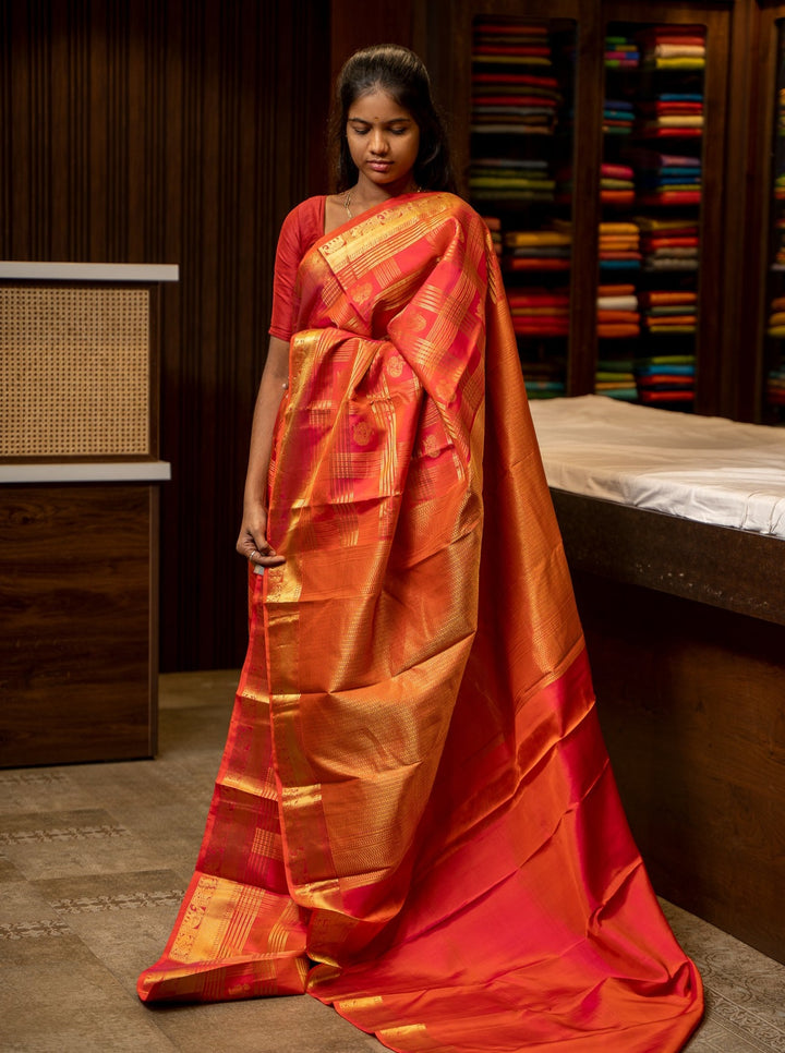 Peach Orange Zari Checks Pure Kanjivaram Silk Sari - Clio Silks