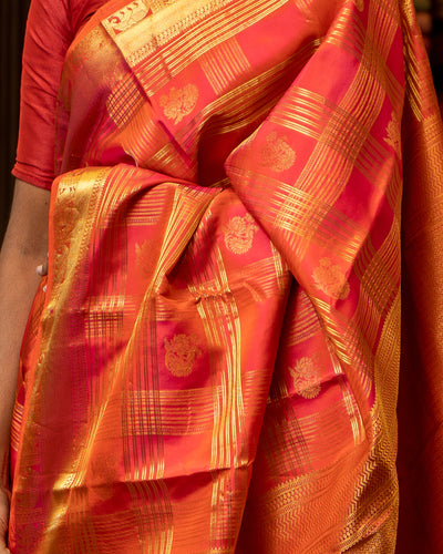 Peach Orange Zari Checks Pure Kanjivaram Silk Sari - Clio Silks