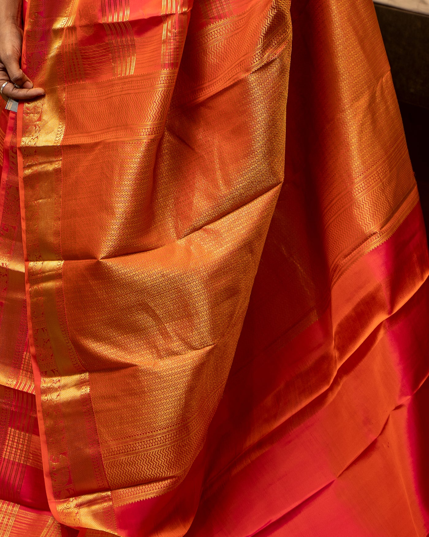 Peach Orange Zari Checks Pure Kanjivaram Silk Sari - Clio Silks