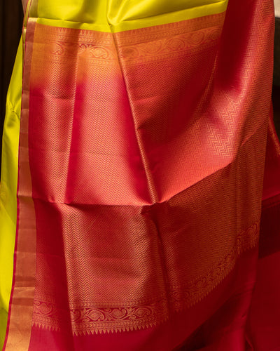 Lime Green and Peach Traditional Silk Sari - Clio Silks
