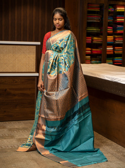 Bluish Green Leaf Printed Silk Sari - Clio Silks