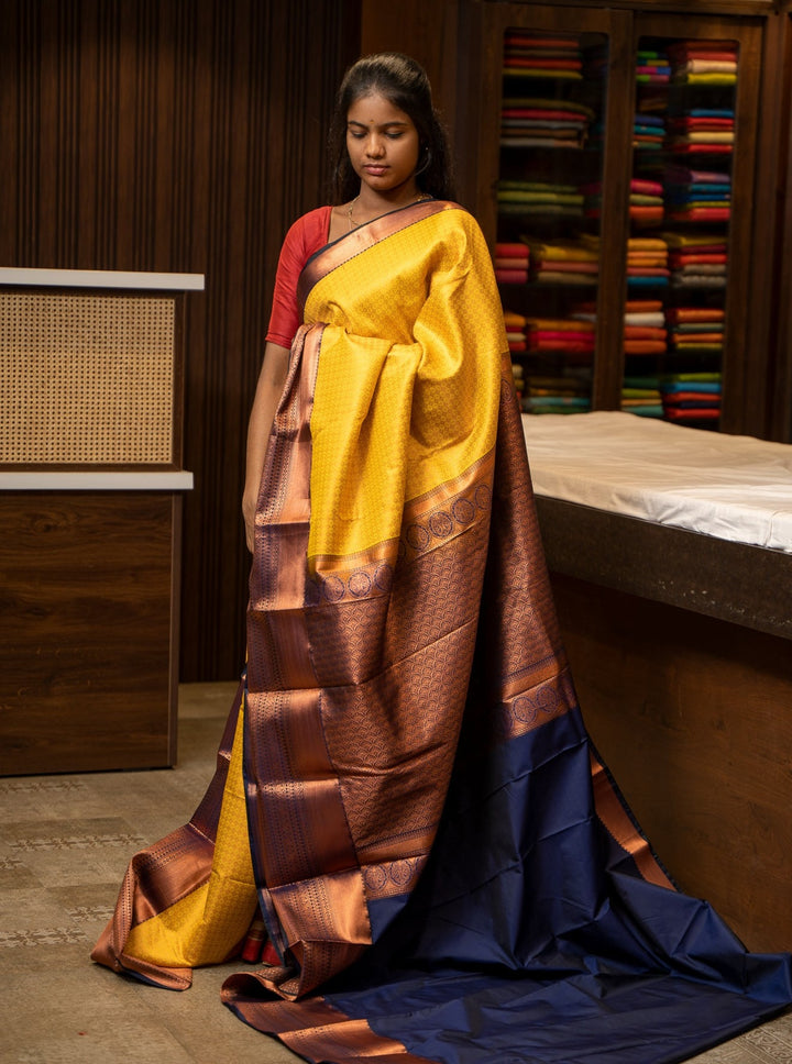 Yellow and Navy Blue 1000 Buttas Silk Sari - Clio Silks