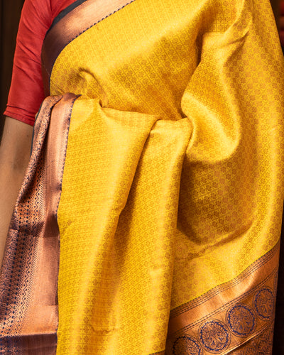 Yellow and Navy Blue 1000 Buttas Silk Sari - Clio Silks