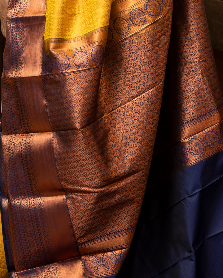 Yellow and Navy Blue 1000 Buttas Silk Sari - Clio Silks