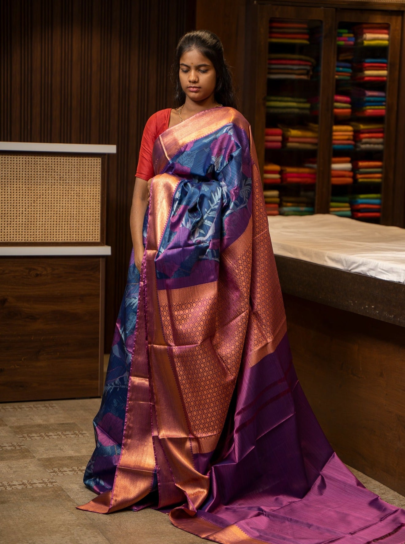 Blue and Magenta Kalamkari Printed Silk Sari - Clio Silks