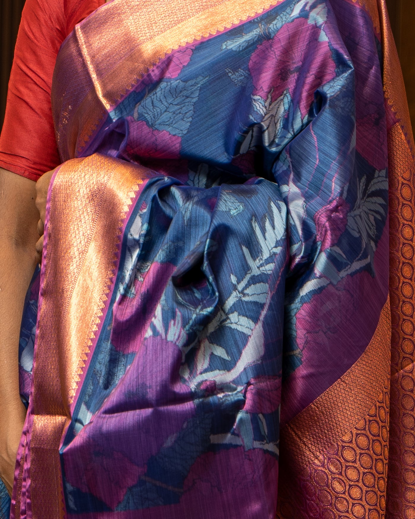 Blue and Magenta Kalamkari Printed Silk Sari - Clio Silks