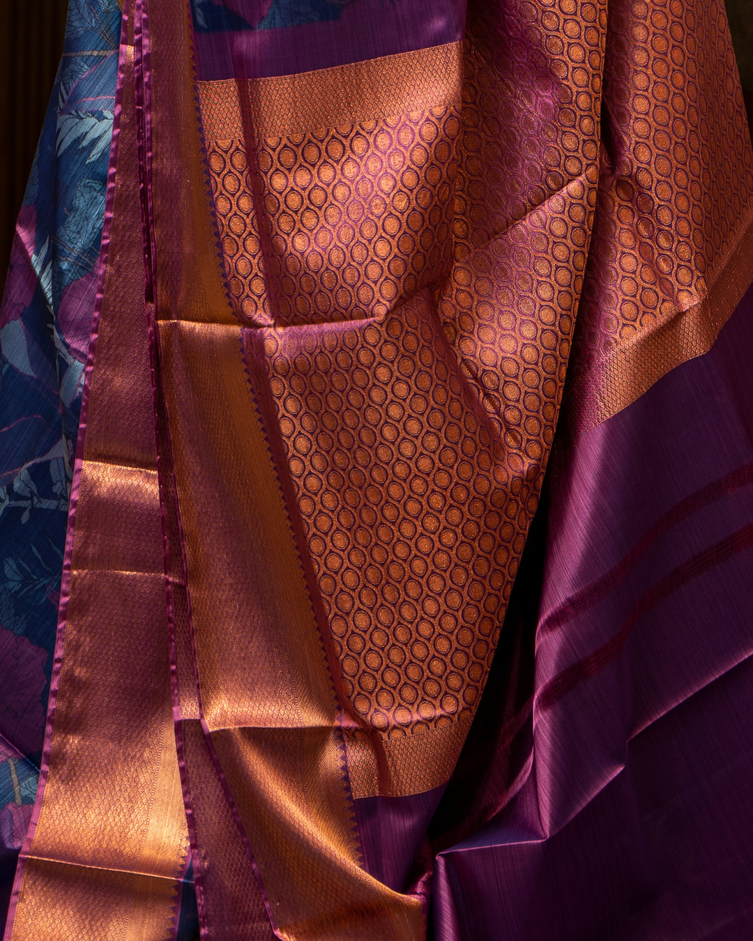 Blue and Magenta Kalamkari Printed Silk Sari - Clio Silks