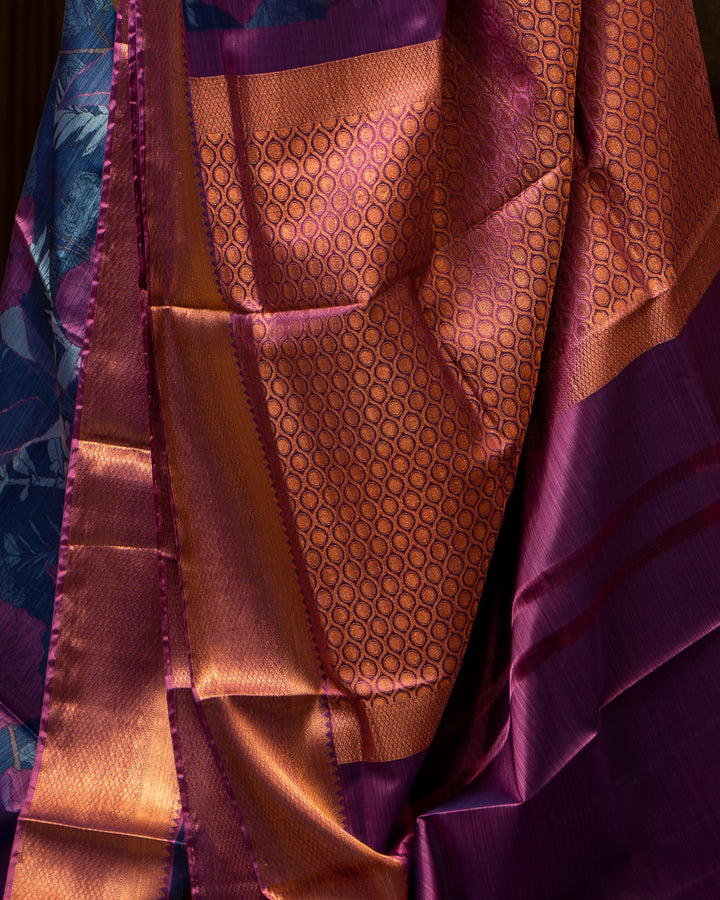 Blue and Magenta Kalamkari Printed Silk Sari - Clio Silks