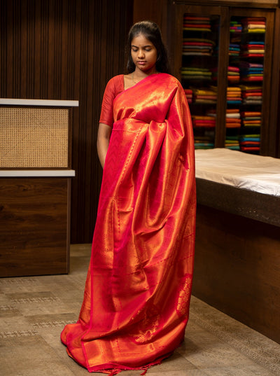 Reddish Orange Art Brocade Silk Sari - Clio Silks