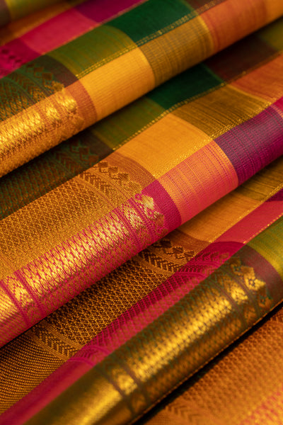 Palum Pazhamum Multi Checks Pure Kanjivaram Silk Sari - Clio Silks