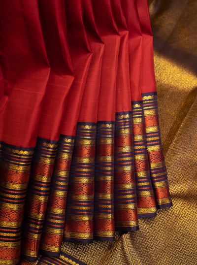 Apple Maroon and Navy Blue Stripes Pure Kanjivaram Silk Sari - Clio Silks