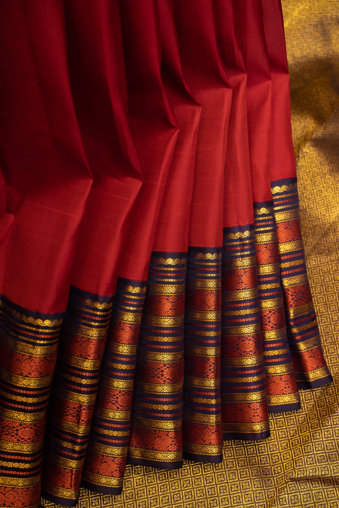 Apple Maroon and Navy Blue Stripes Pure Kanjivaram Silk Sari - Clio Silks
