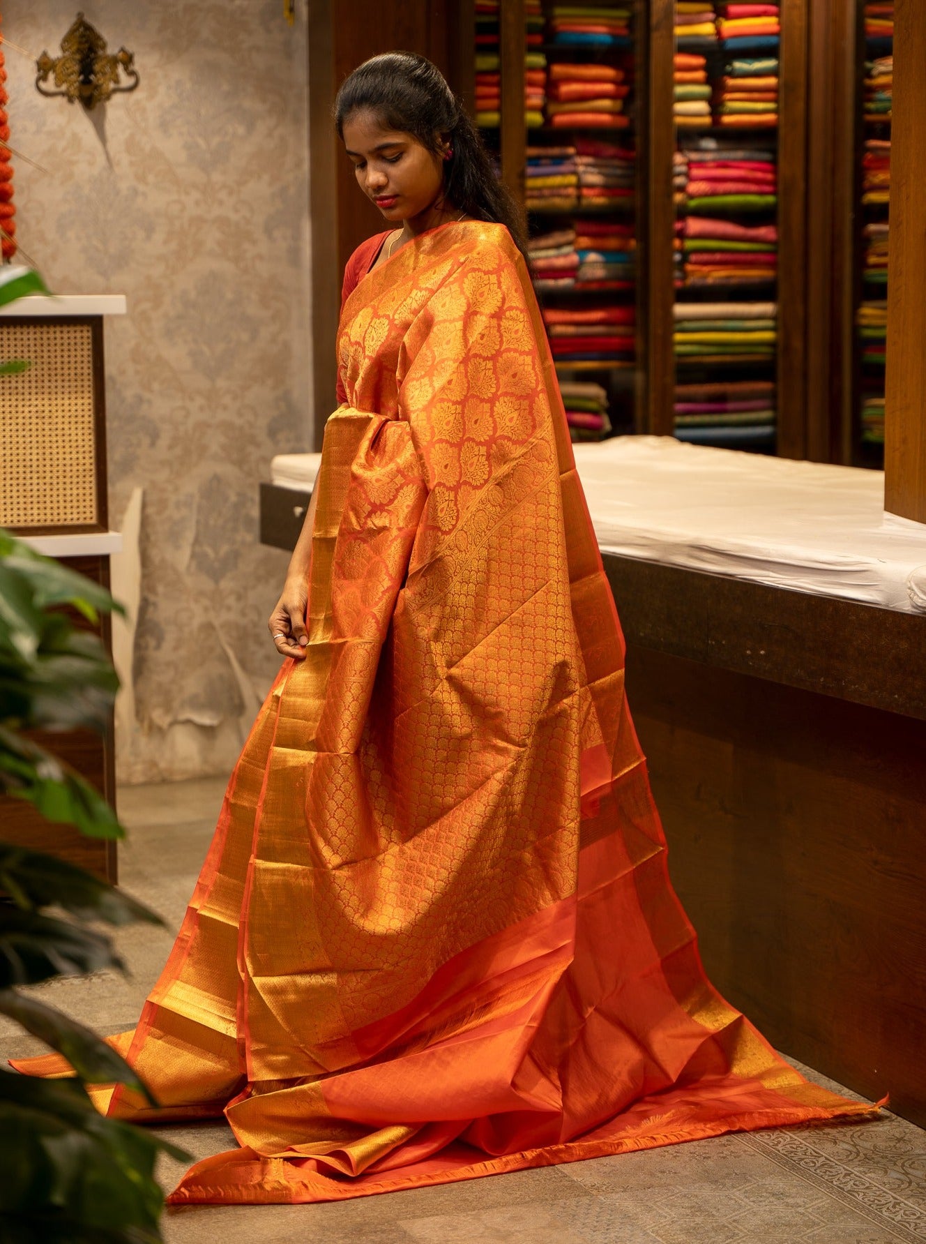Peach Orange Thilakam Brocade Pure Kanjvaram Silk Sari - Clio Silks