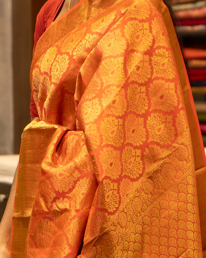 Peach Orange Thilakam Brocade Pure Kanjvaram Silk Sari - Clio Silks