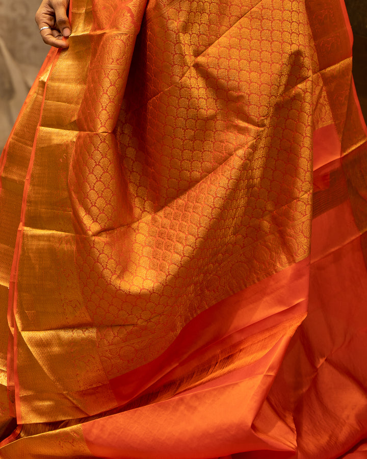 Peach Orange Thilakam Brocade Pure Kanjvaram Silk Sari - Clio Silks