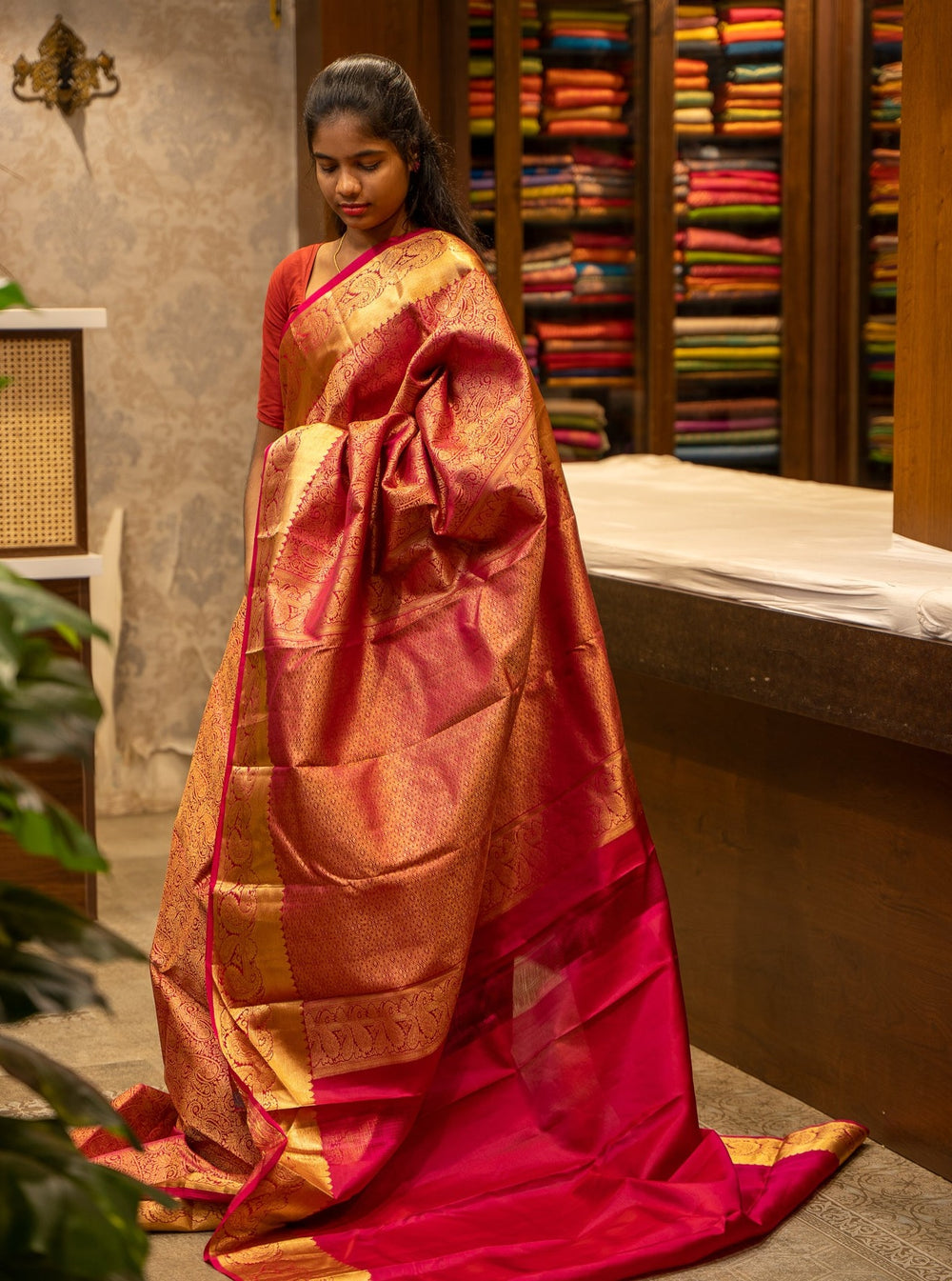 Rani Pink Paisley Zari Brocade Pure Kanjivaram Silk Sari - Clio Silks