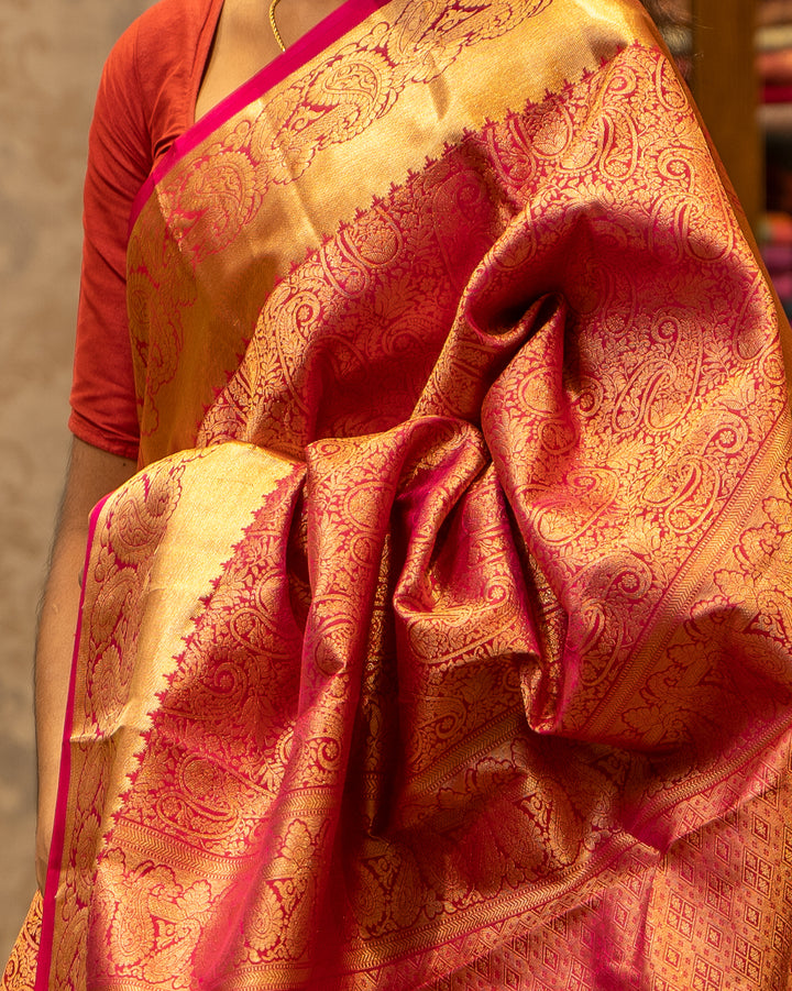 Rani Pink Paisley Zari Brocade Pure Kanjivaram Silk Sari - Clio Silks