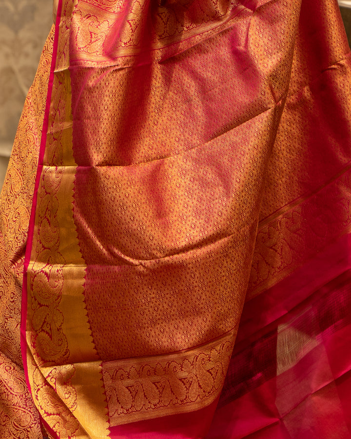 Rani Pink Paisley Zari Brocade Pure Kanjivaram Silk Sari - Clio Silks