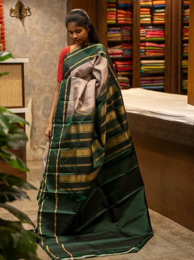 Cloud Grey and Bottle Green Pure Kanjivaram Silk Sari - Clio Silks