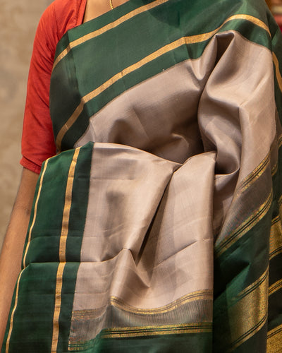 Cloud Grey and Bottle Green Pure Kanjivaram Silk Sari - Clio Silks