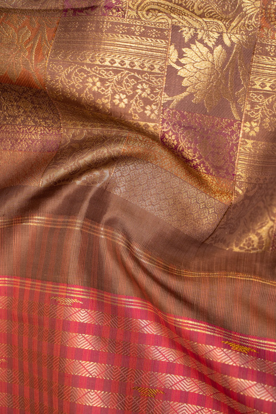 Pink Zari Stripes and Cedar Brown Pure Kanjivaram Silk Sari - Clio Silks