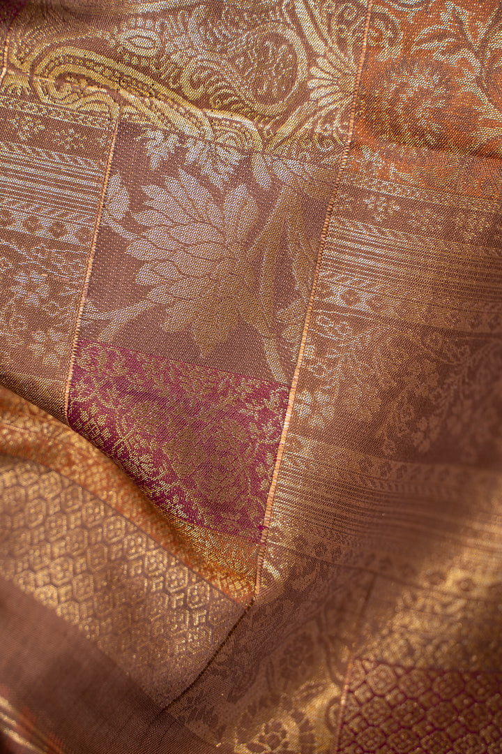 Pink Zari Stripes and Cedar Brown Pure Kanjivaram Silk Sari - Clio Silks