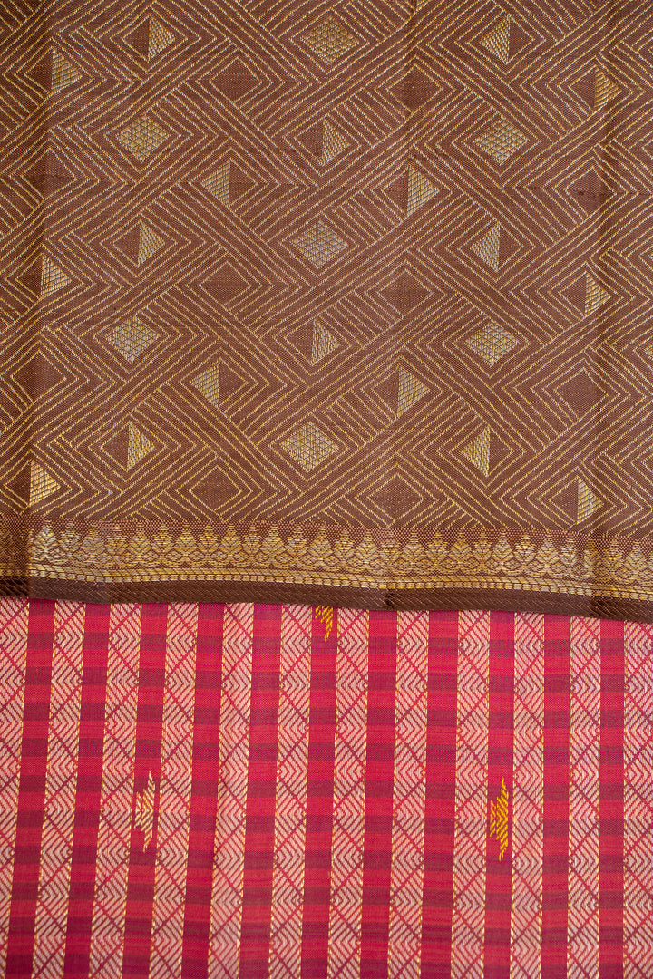 Pink Zari Stripes and Cedar Brown Pure Kanjivaram Silk Sari - Clio Silks