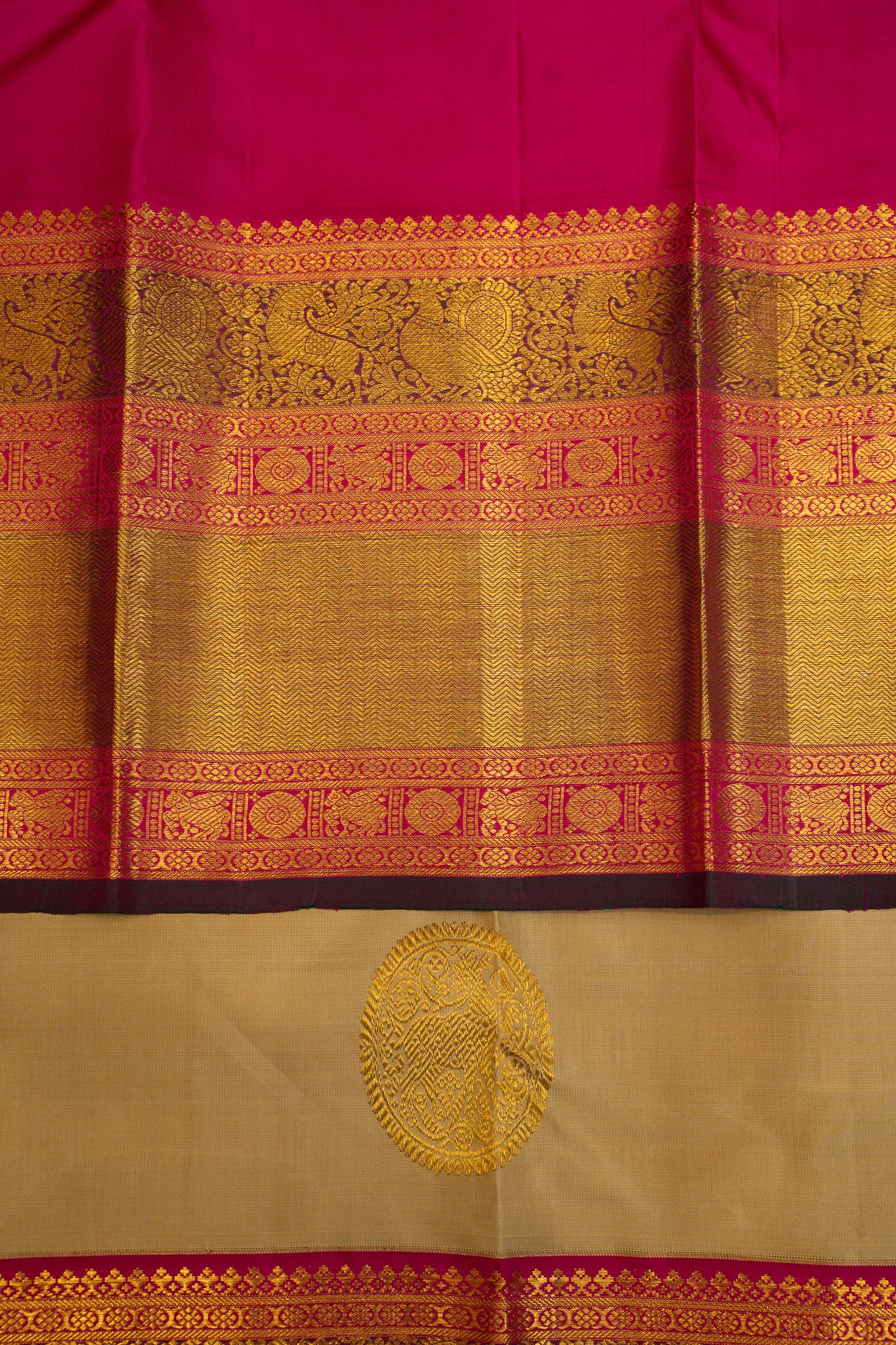 Pearl River Beige and Magenta Deer Motifs Pure Kanjivaram Traditional Silk Sari - Clio Silks