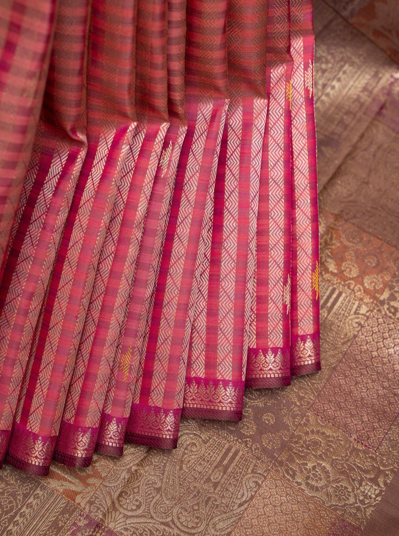 Pink Zari Stripes and Cedar Brown Pure Kanjivaram Silk Sari - Clio Silks