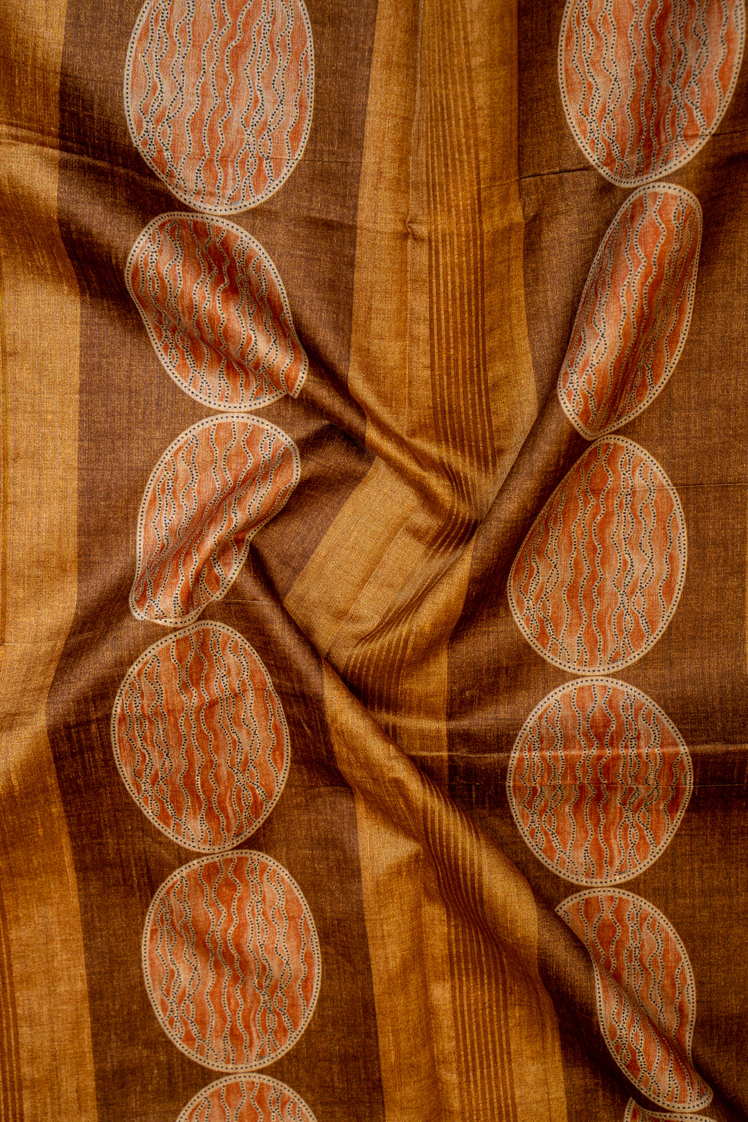 Brown and Orange Fish Printed Bhagalpur Tussar Sari - Clio Silks