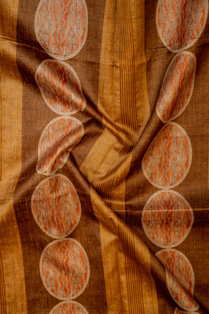 Brown and Orange Fish Printed Bhagalpur Tussar Sari - Clio Silks