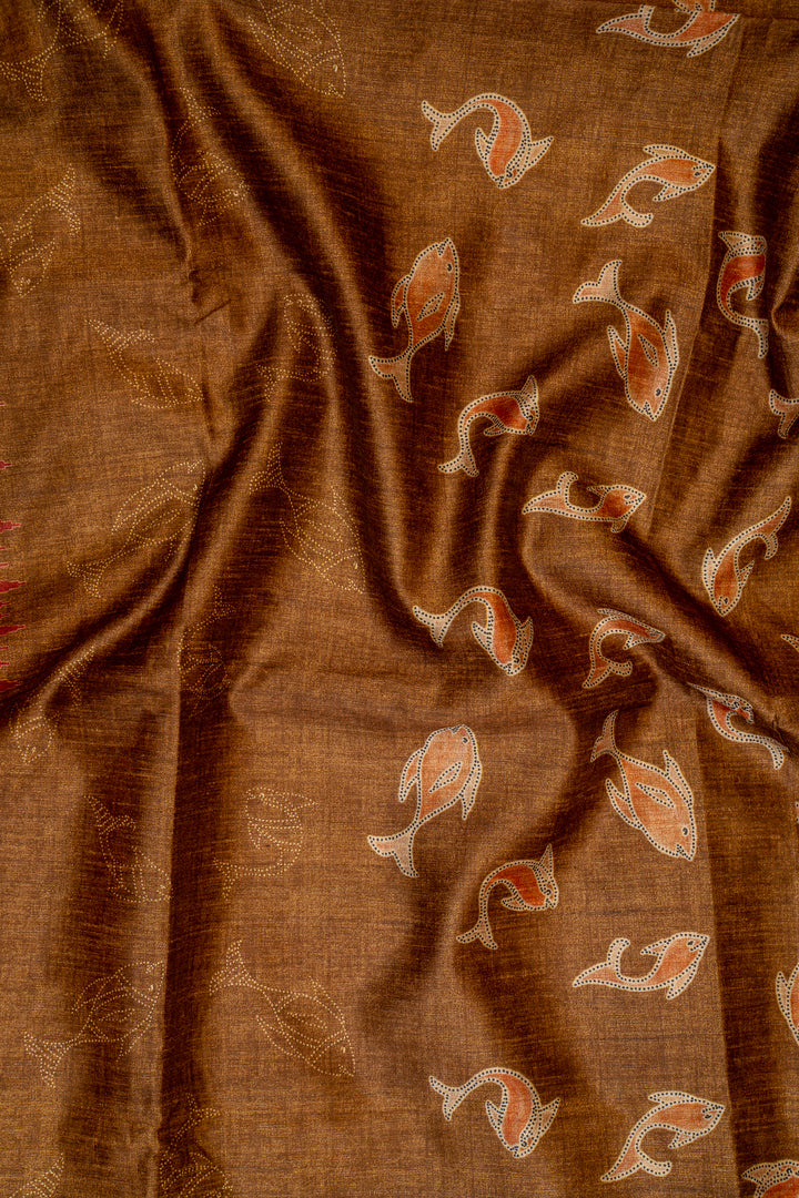 Brown and Orange Fish Printed Bhagalpur Tussar Sari - Clio Silks