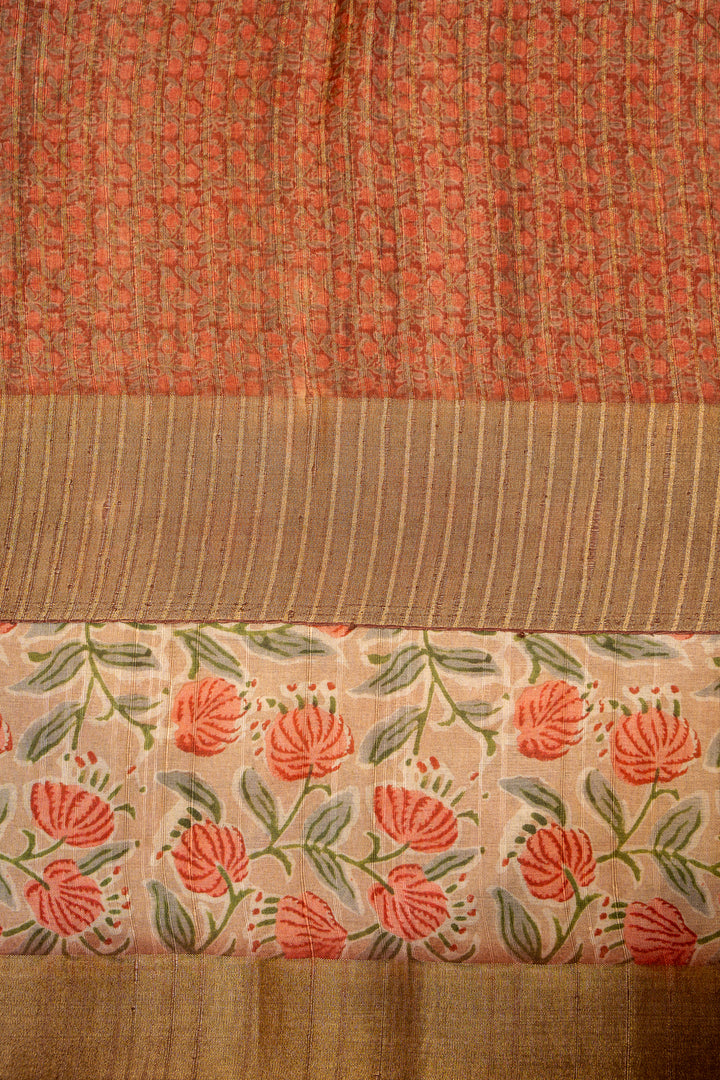 Beige Floral Printed Bhagalpur Tussar Sari - Clio Silks