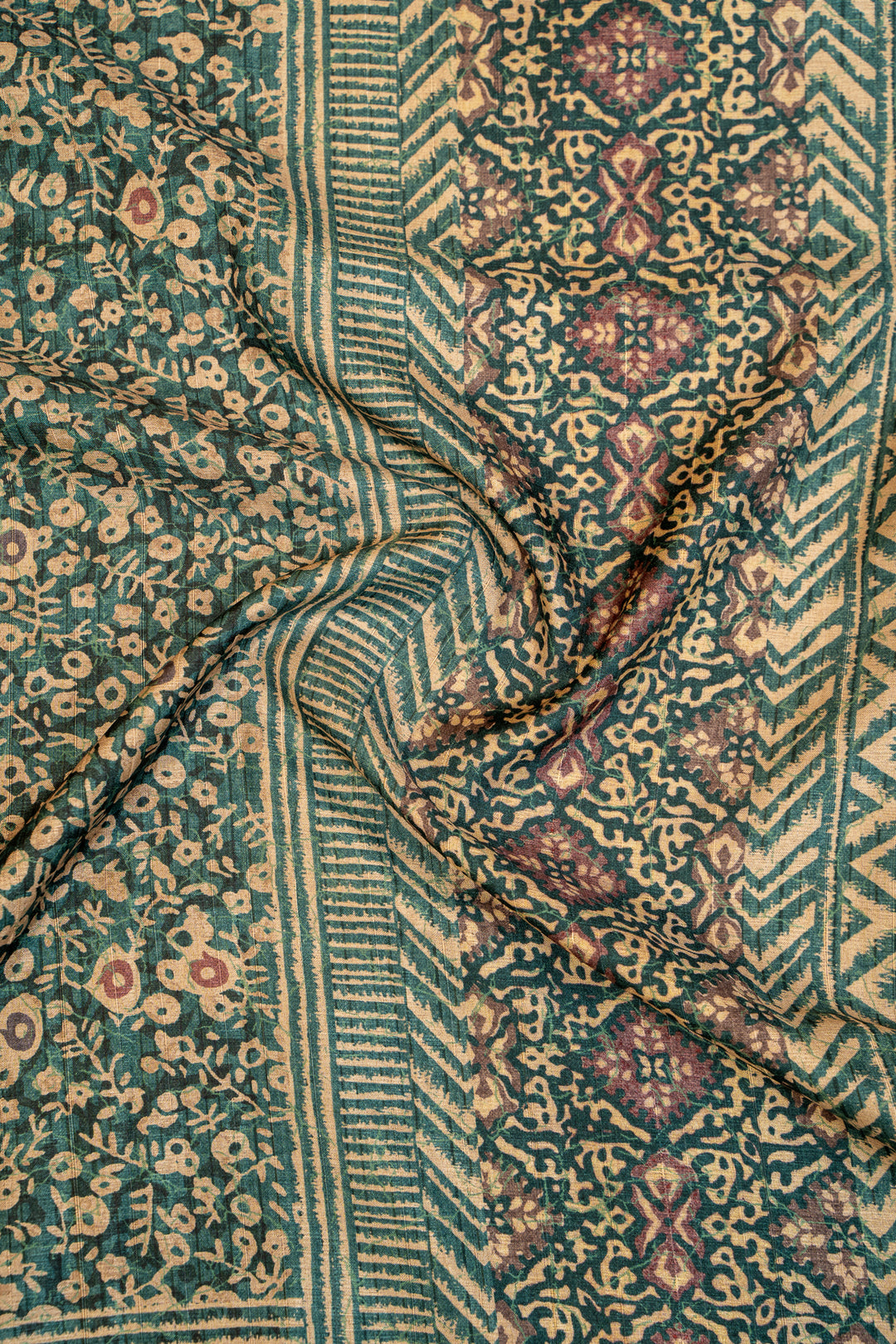 Green Ajrakh Printed Bhagalpur Tussar Sari - Clio Silks