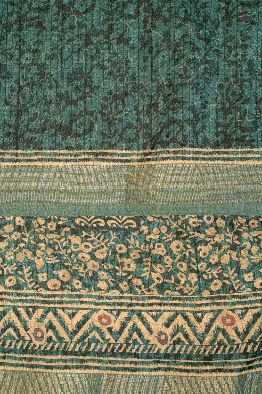 Green Ajrakh Printed Bhagalpur Tussar Sari - Clio Silks