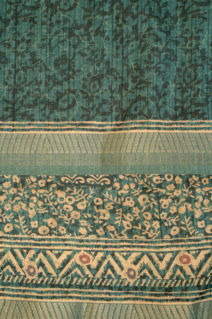 Green Ajrakh Printed Bhagalpur Tussar Sari - Clio Silks