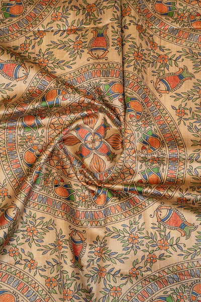 Pastel Green Madhubani Printed Tussar Sari - Clio Silks