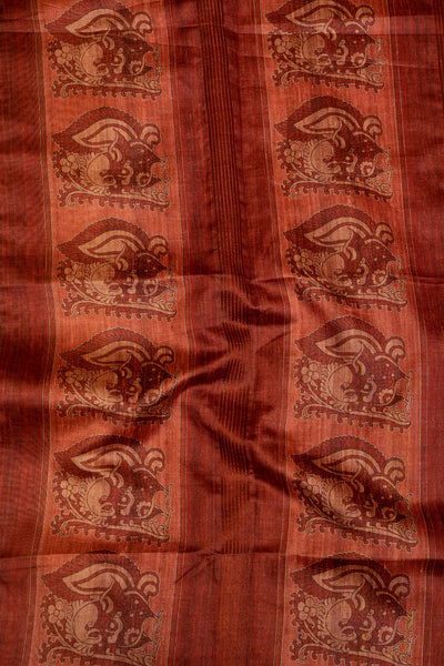 Rust Orange Floral Printed Bhagalpur Tussar Sari - Clio Silks