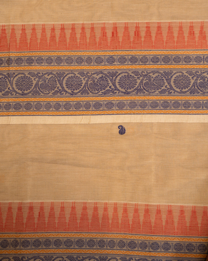 Beige and Blue Pure Kanchi Cotton Sari - Clio Silks