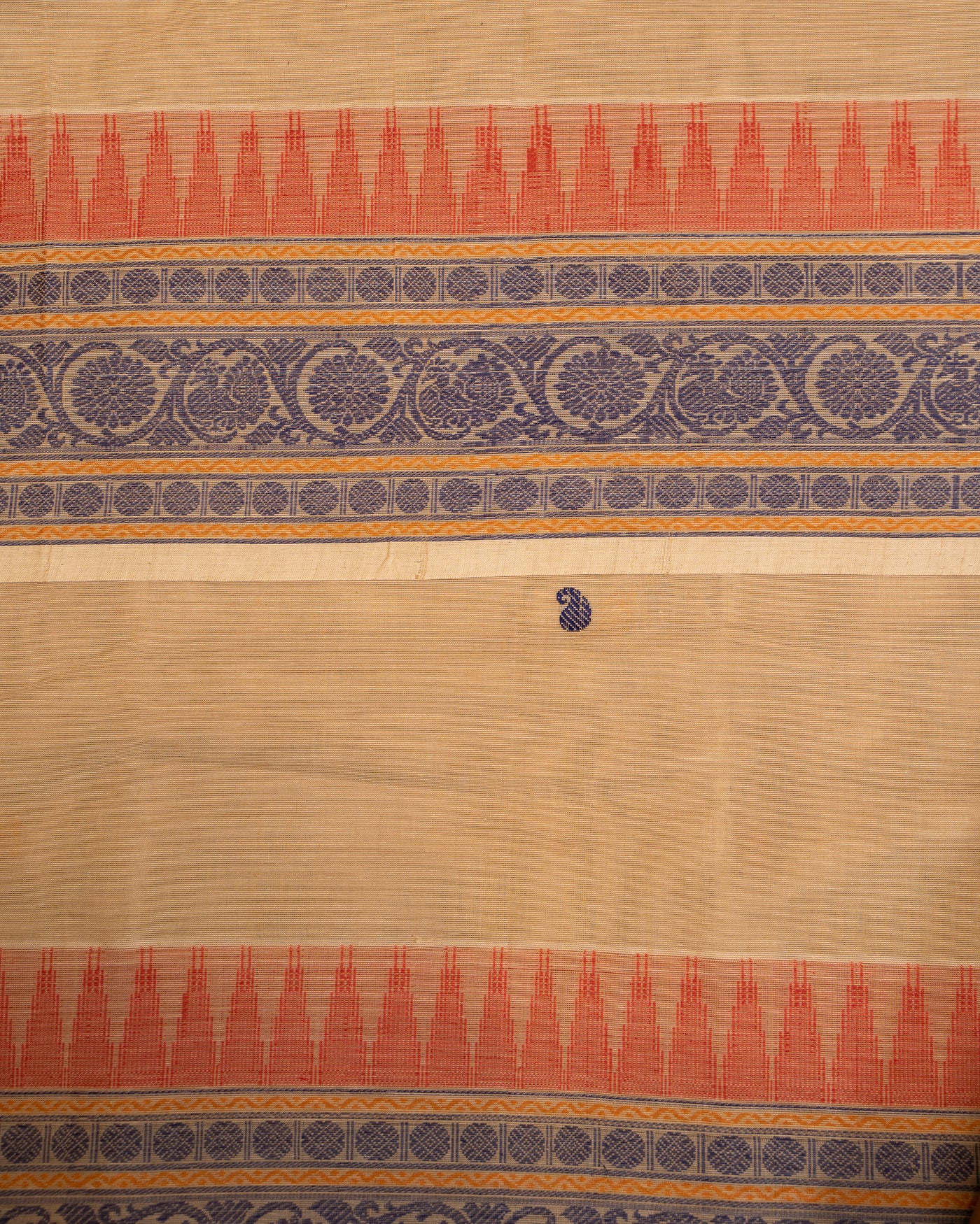 Beige and Blue Pure Kanchi Cotton Sari - Clio Silks