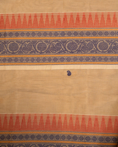 Beige and Blue Pure Kanchi Cotton Sari - Clio Silks