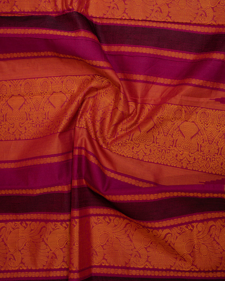 Magenta and Green Rettai Pettu Border Pure Kanchi Cotton Sari - Clio Silks