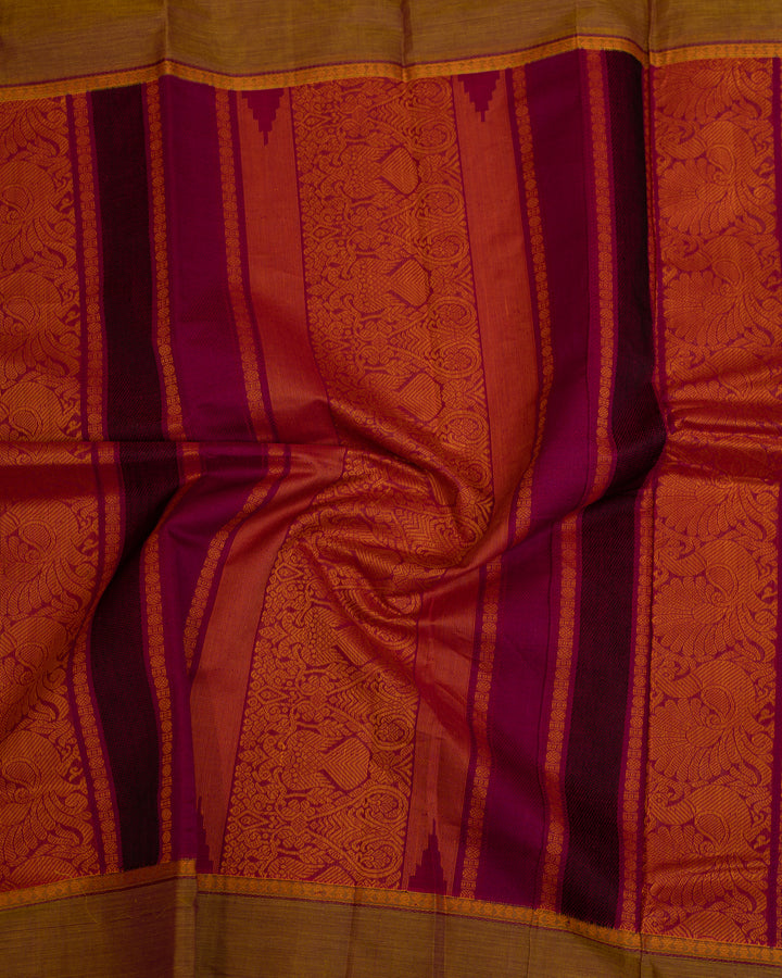 Magenta and Green Rettai Pettu Border Pure Kanchi Cotton Sari - Clio Silks