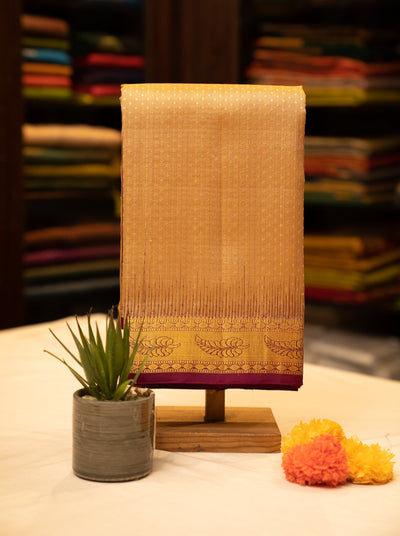 Sandcastle Beige and Purple Embossed Pure Kanjivaram Silk Sari - Clio Silks