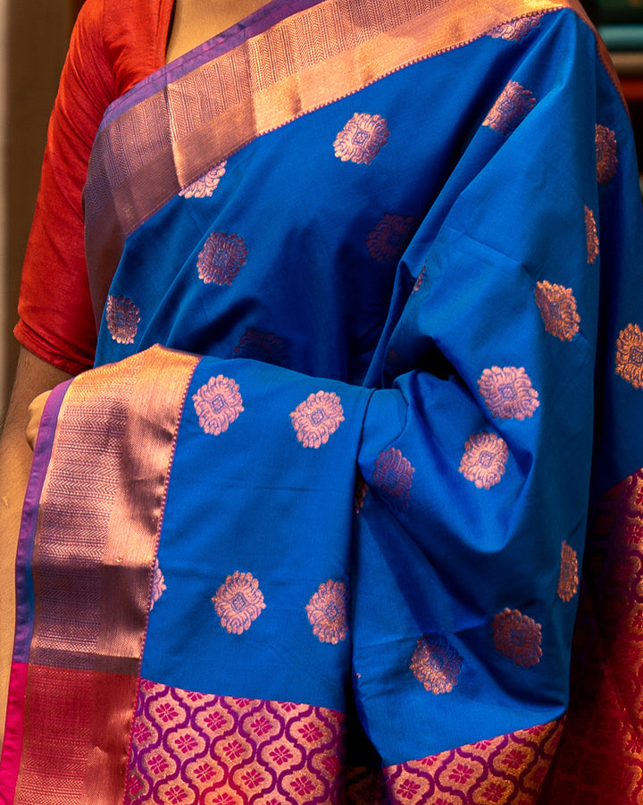 Blue and Red Traditional Semi Silk Sari - Clio Silks