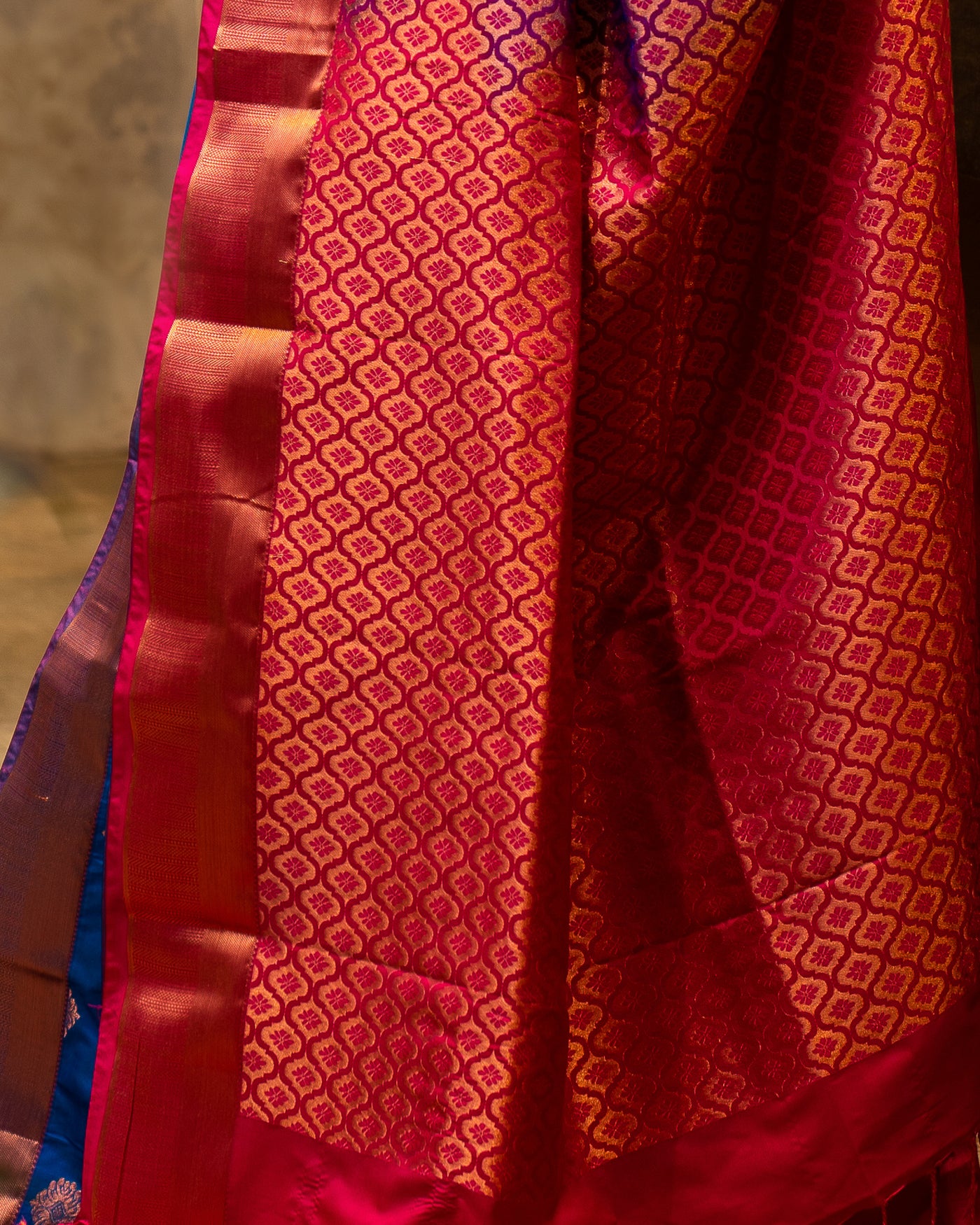 Blue and Red Traditional Semi Silk Sari - Clio Silks