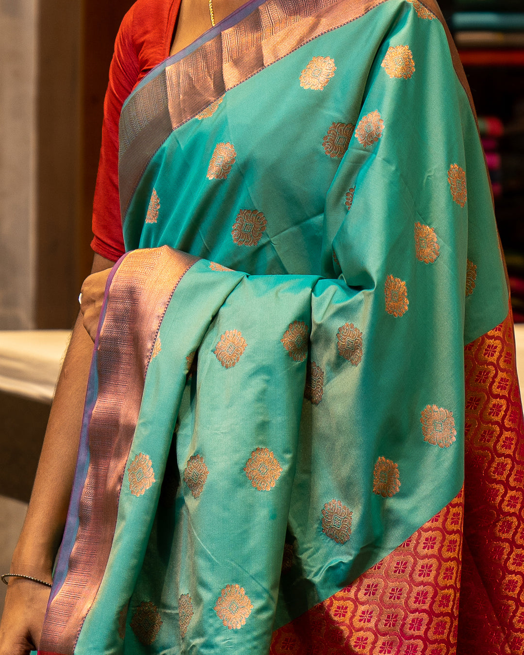 Teal Blue and Magenta Semi Silk Sari - Clio Silks