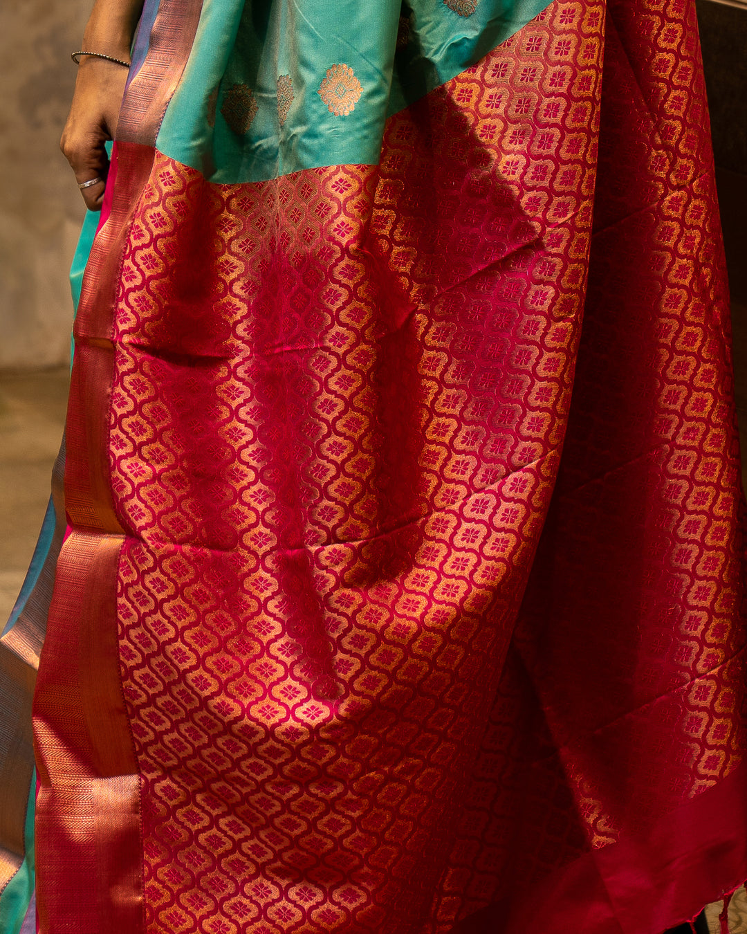 Teal Blue and Magenta Semi Silk Sari - Clio Silks