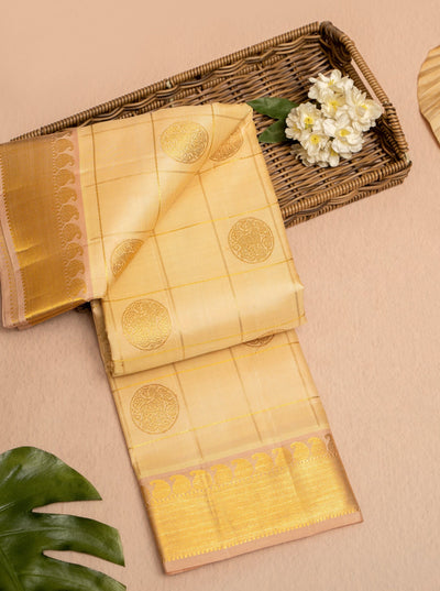 Cream Zari Checks and Lotus Pink Pure Kanjivaram Silk Sari - Clio Silks